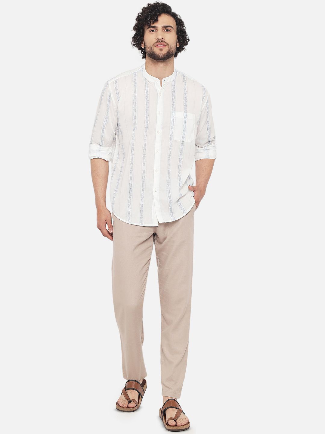 

AMBI Men Standard Band Collar Striped Cotton Casual Shirt, White
