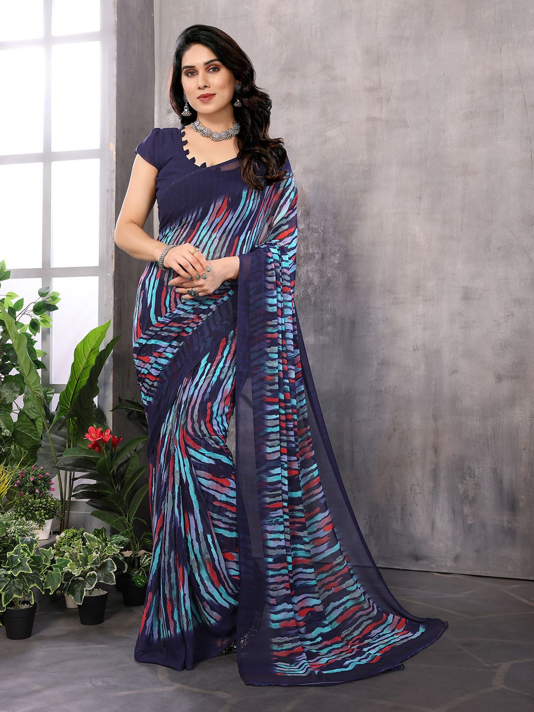 

ANAND SAREES Women Striped Printed Saree, Navy blue