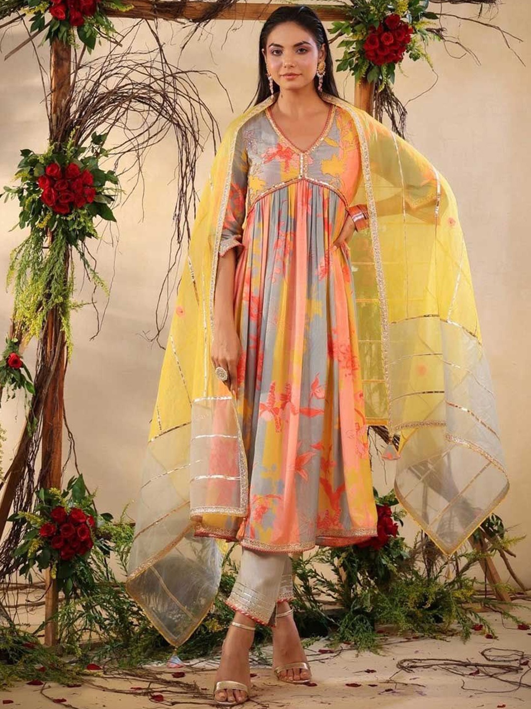 

Shriji fashion Floral Printed Beads & Stones Pure Cotton Kurta With Trouser & Dupatta, Yellow