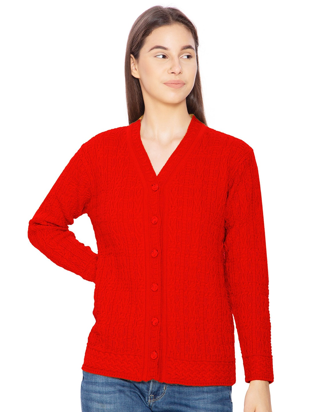 

BAESD Women Self Design Woollen Cardigan, Red