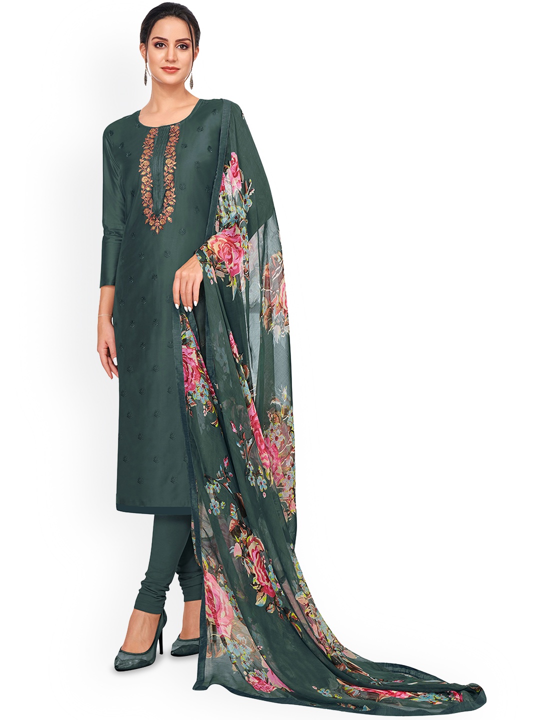 

Maroosh Floral Embellished Sequinned Unstitched Dress Material, Green
