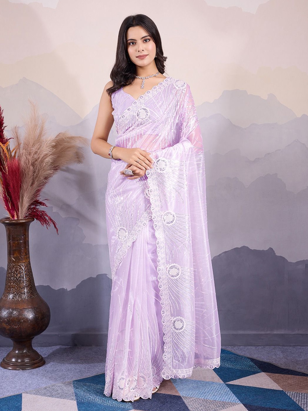 

VenderVilla Floral Embroidered Supernet Saree, Purple