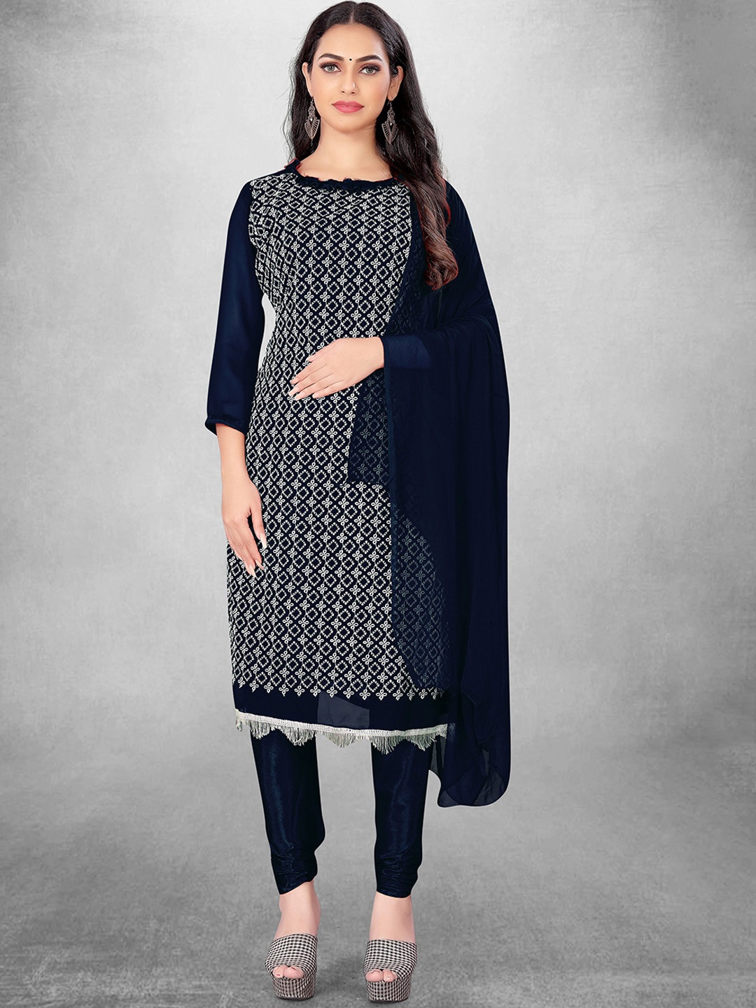 

Maroosh Geometric Embroidered Unstitched Dress Material, Navy blue