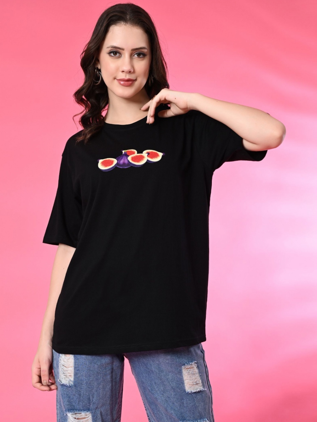 

Funday Fashion Women Printed Applique T-shirt, Black