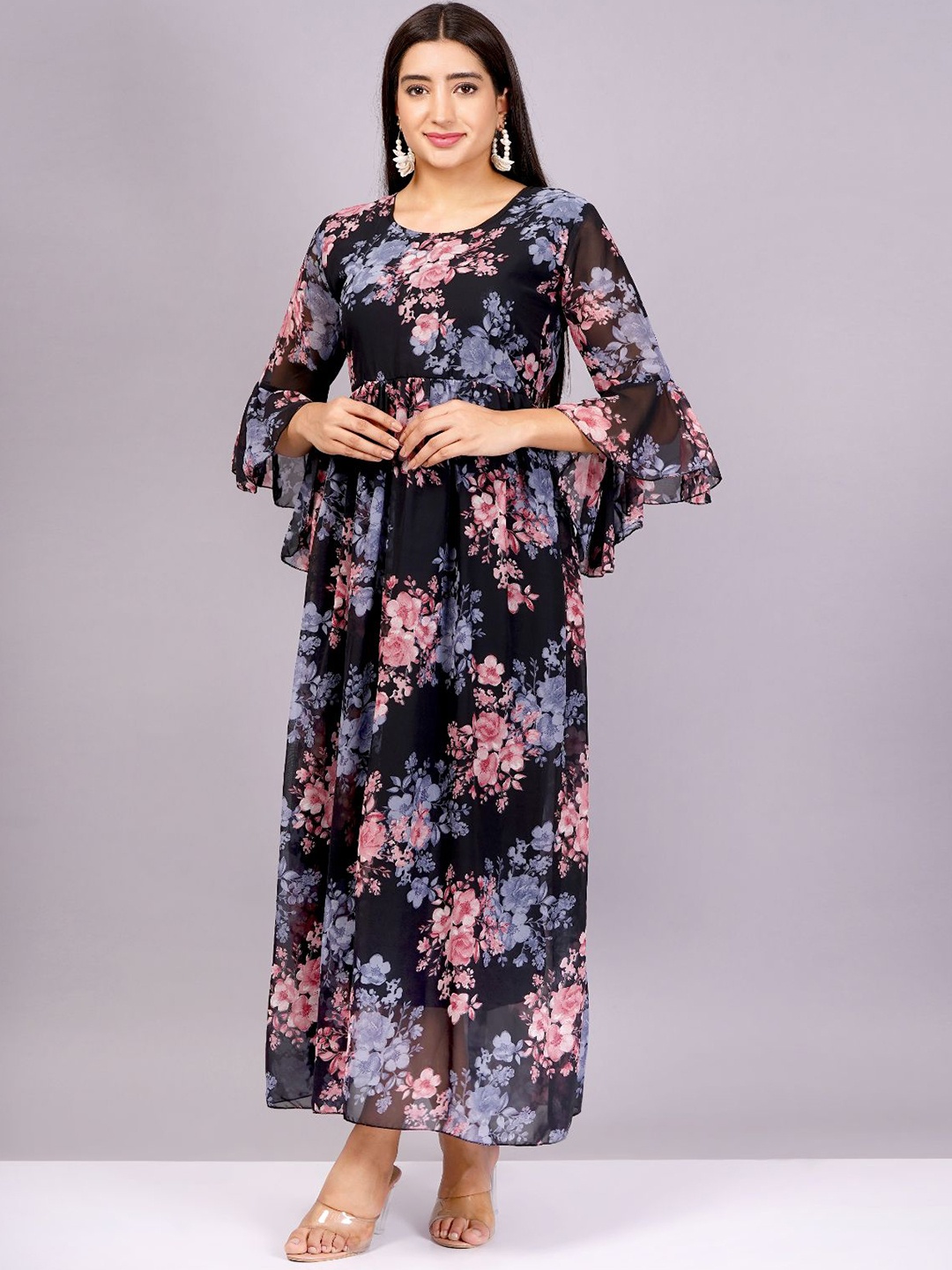 

BAESD Floral Printed Bell Sleeve Georgette Maxi Dress, Black