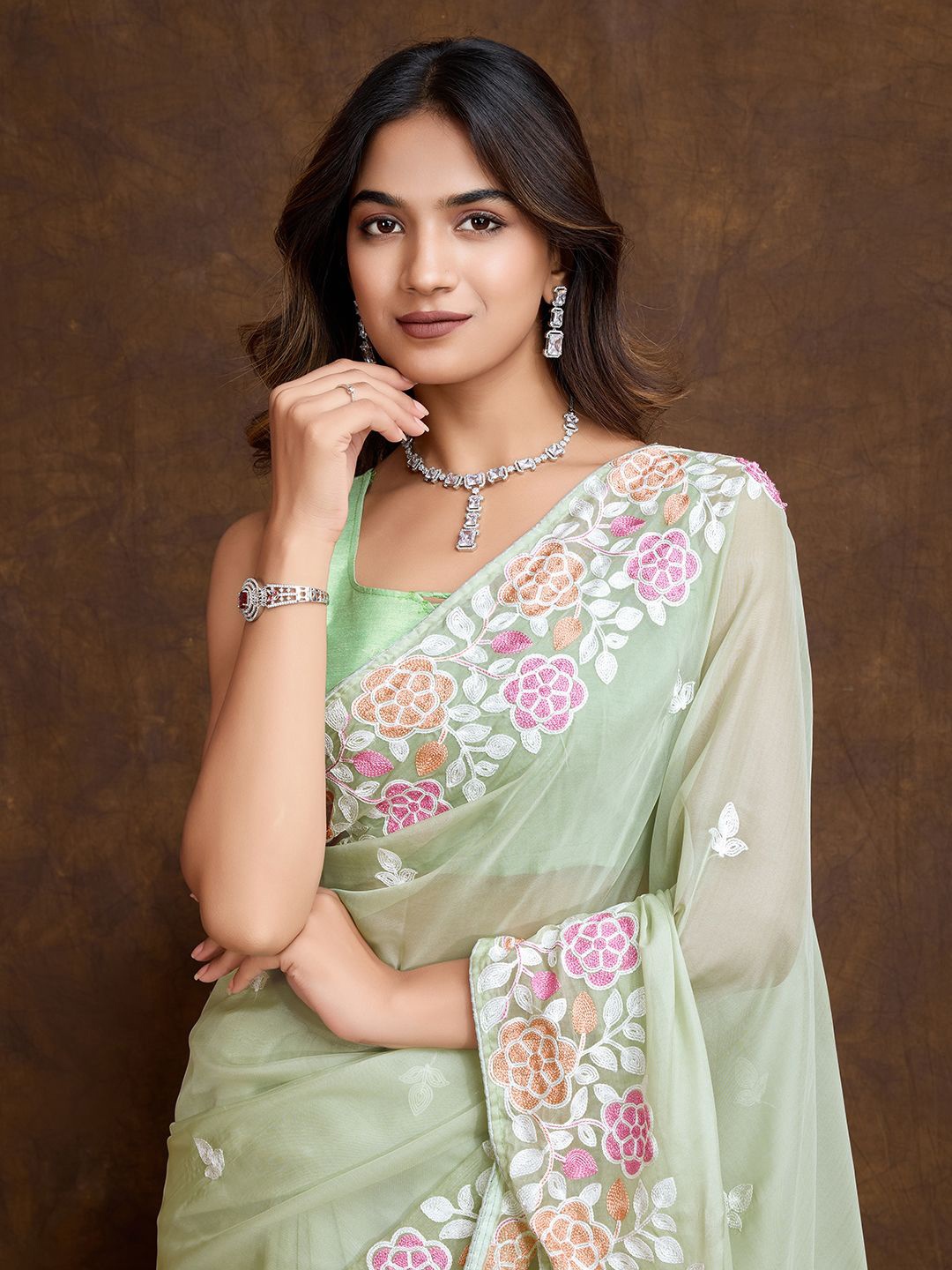 

HERE&NOW Floral Embroidered Organza Saree, Green