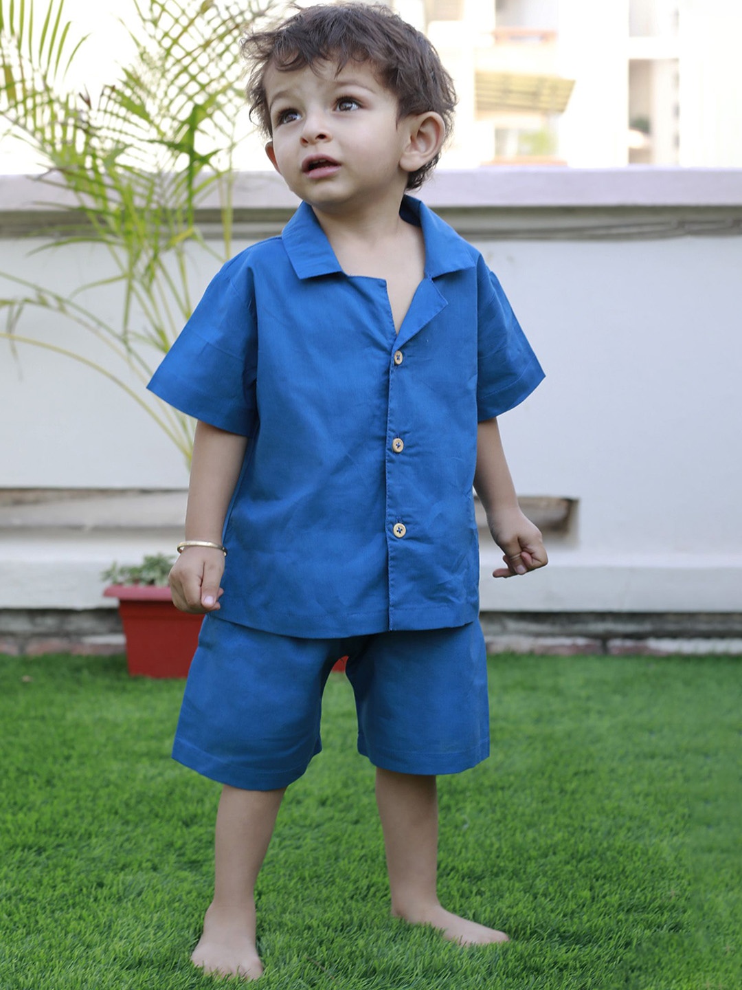 

TJORI Boys Cuban Collar Pure Cotton Shirt With Shorts, Blue
