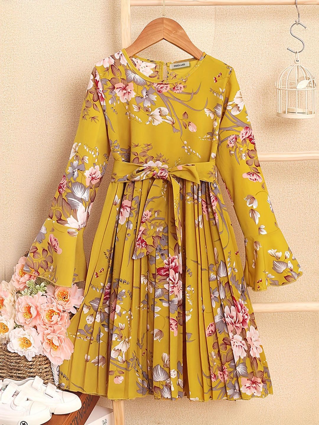 

INCLUD Girls Floral Print Fit & Flare Midi Dress, Yellow