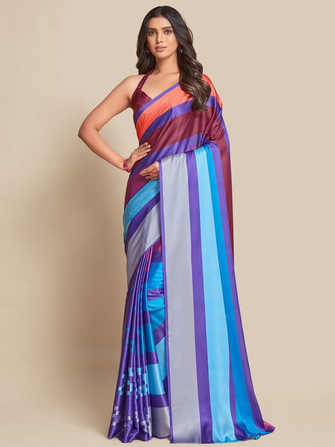 

ODETTE Striped Printed Satin Saree, Blue