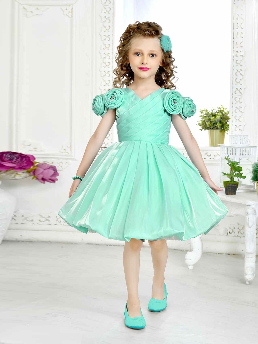 

Lagorii Girls Satin Fit & Flare Dress, Green