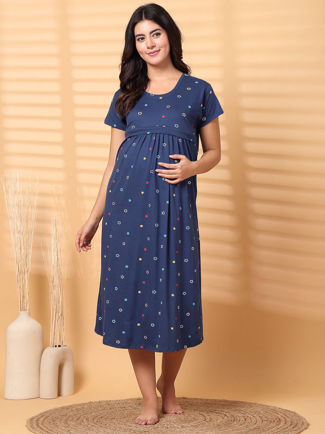 

Secret Wish Women Floral Printed Pure Cotton Hosiery Maternity Nightdress, Navy blue