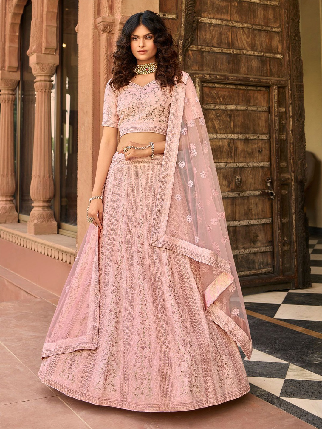 

ODETTE Floral Embroidered Thread Work Organza Semi-Stitched Lehenga & Blouse With Dupatta, Pink