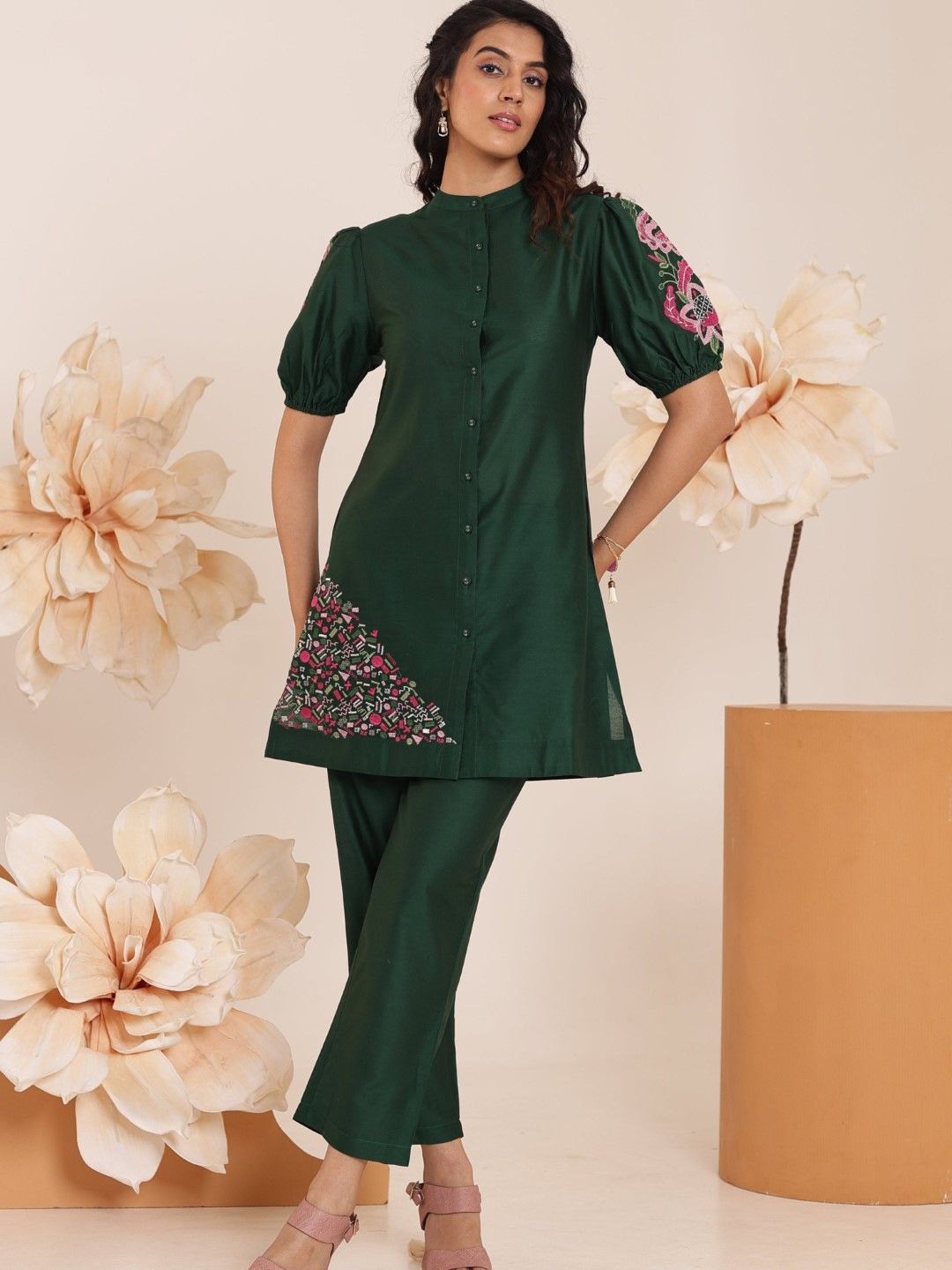 

AUTUMN LANE Embroidered Pure Cotton Tunic With Trousers Co-Ords, Green