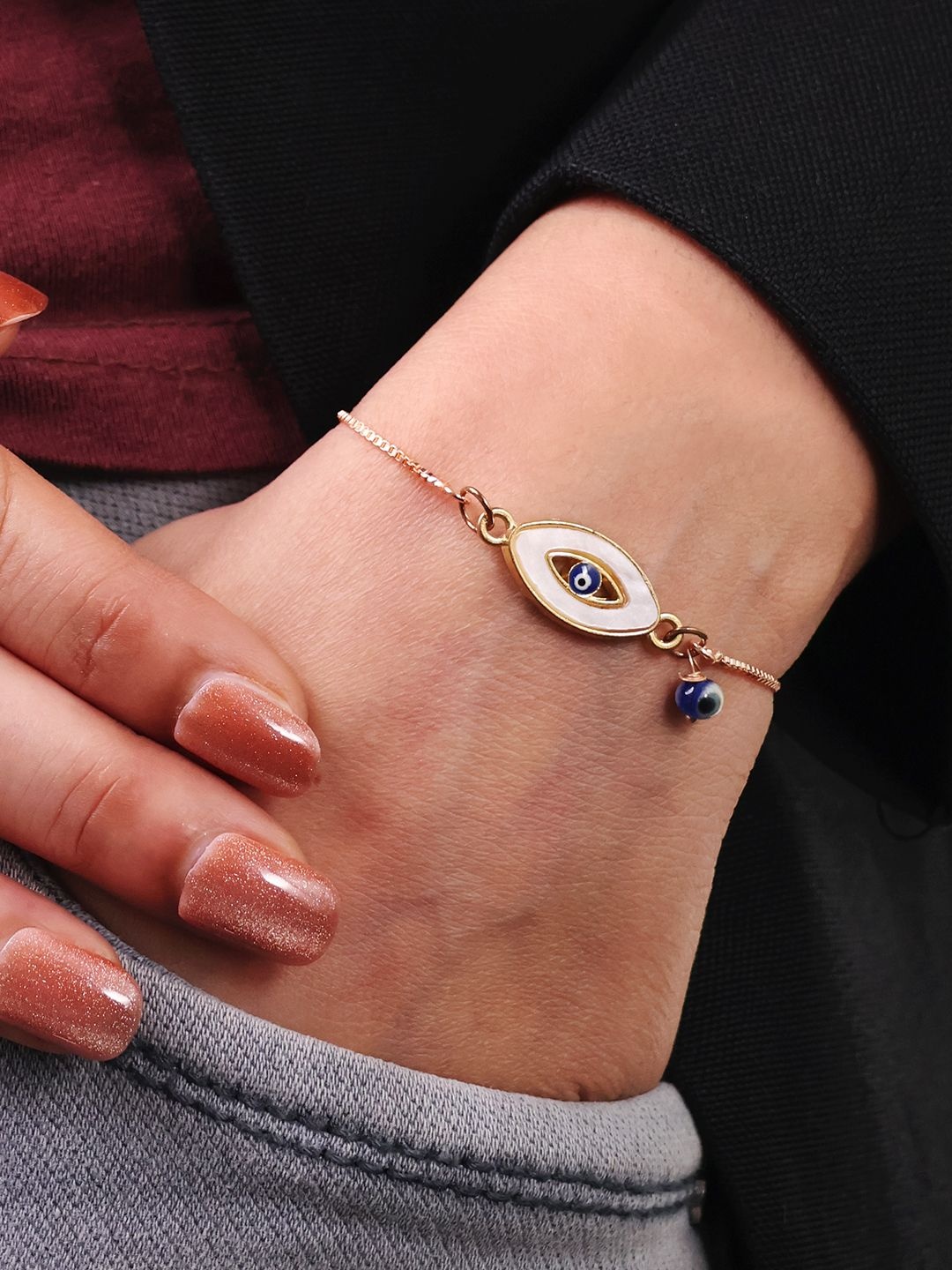 

Shubhanjali Gold-Plated Evil Eye Mother of Pearl Charm Bracelet