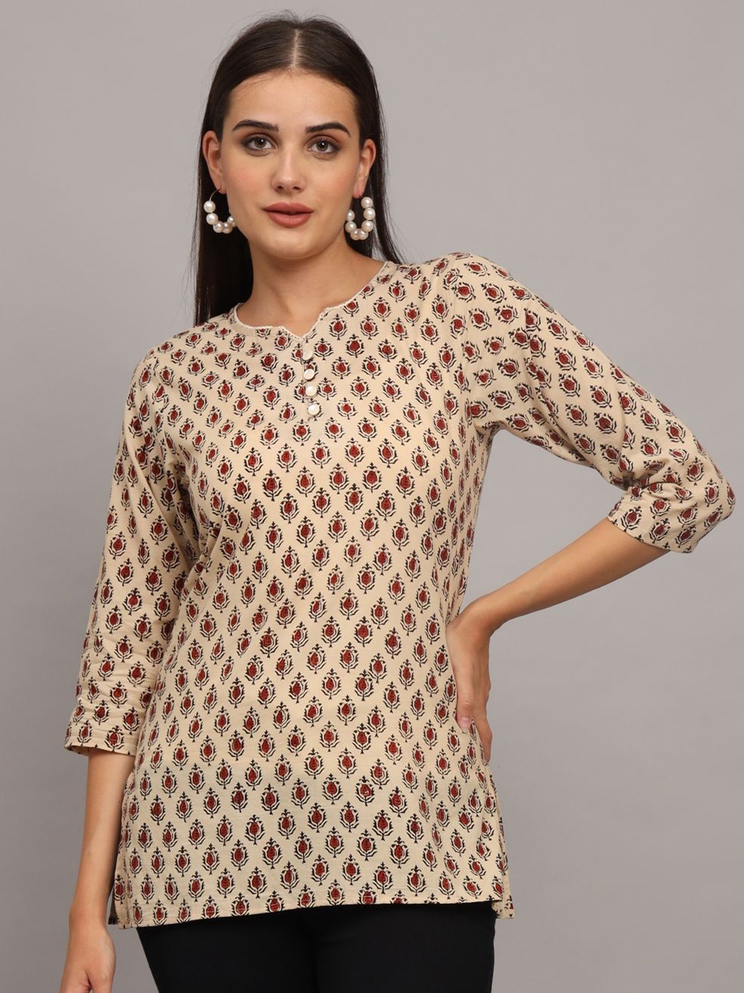 

CHARMGAL Ethnic Motifs Printed Pure Cotton A-Line Kurti, Cream
