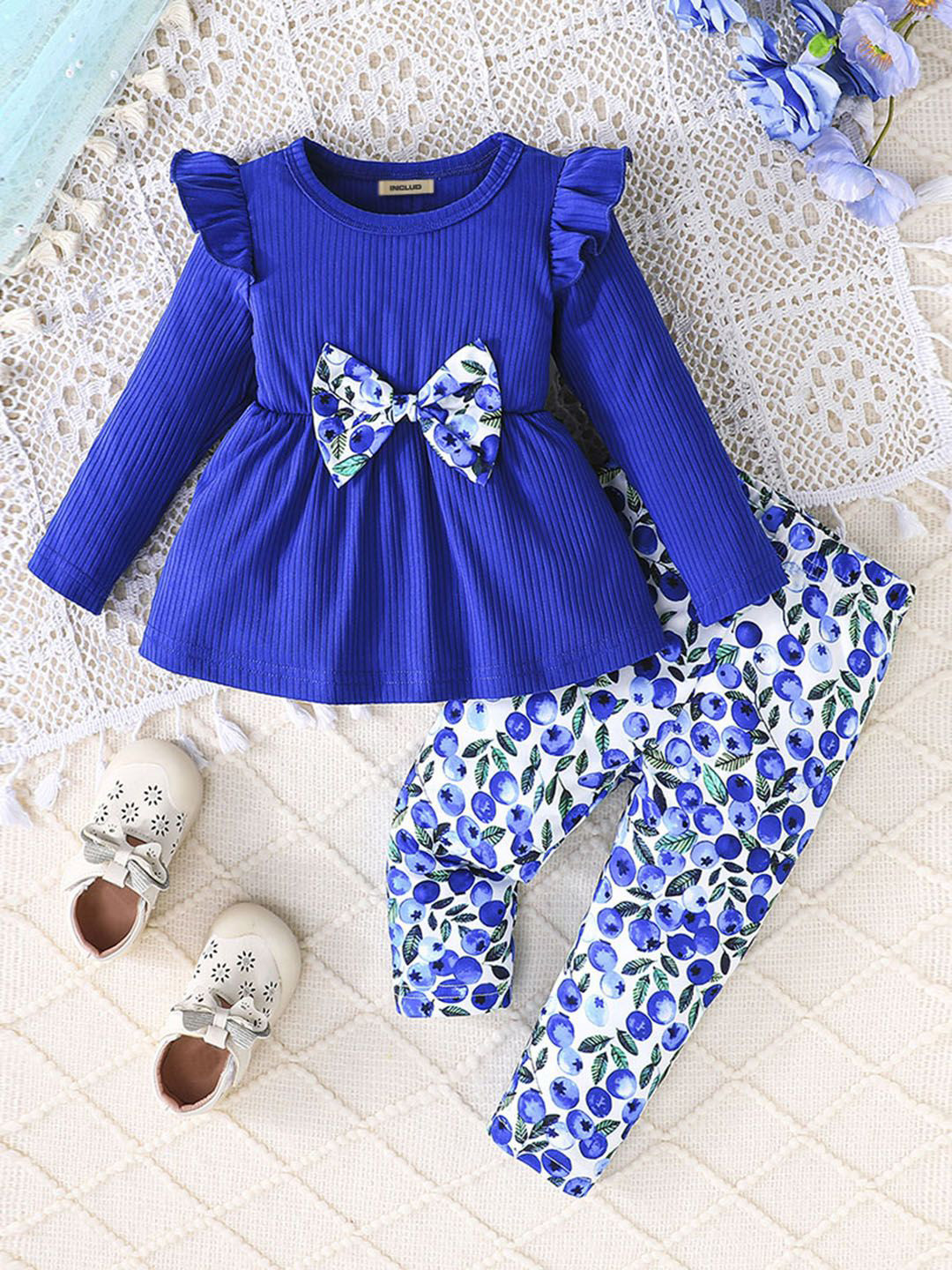 

INCLUD Girls Floral Printed Top with Trousers, Blue