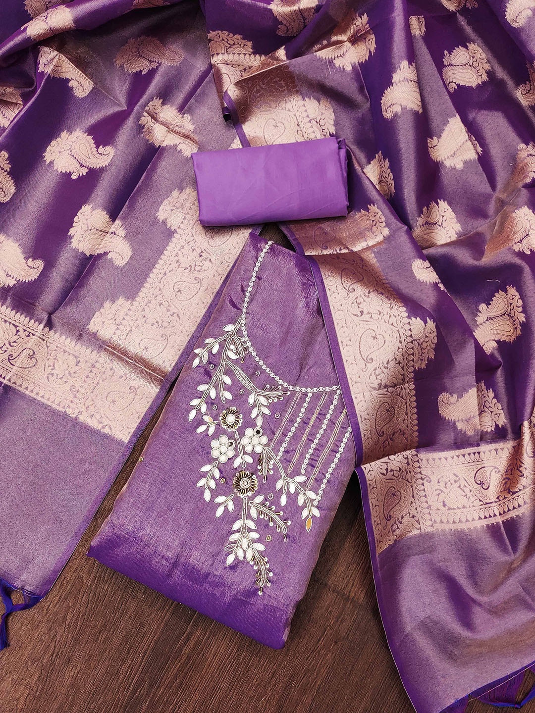 

KALINI Floral Embroidered Beads and Stones Unstitched Dress Material, Purple