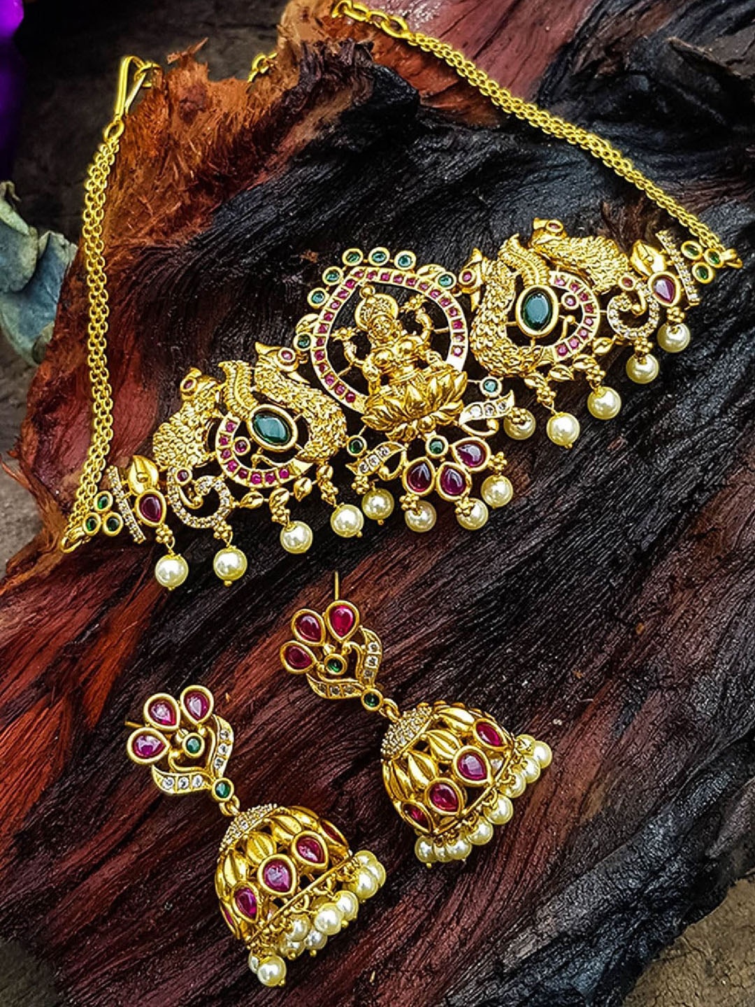 

GRIIHAM Premium Gold-Plated AD Stone-Studded Half Choker Lakshmi Goddess Jewellery Set