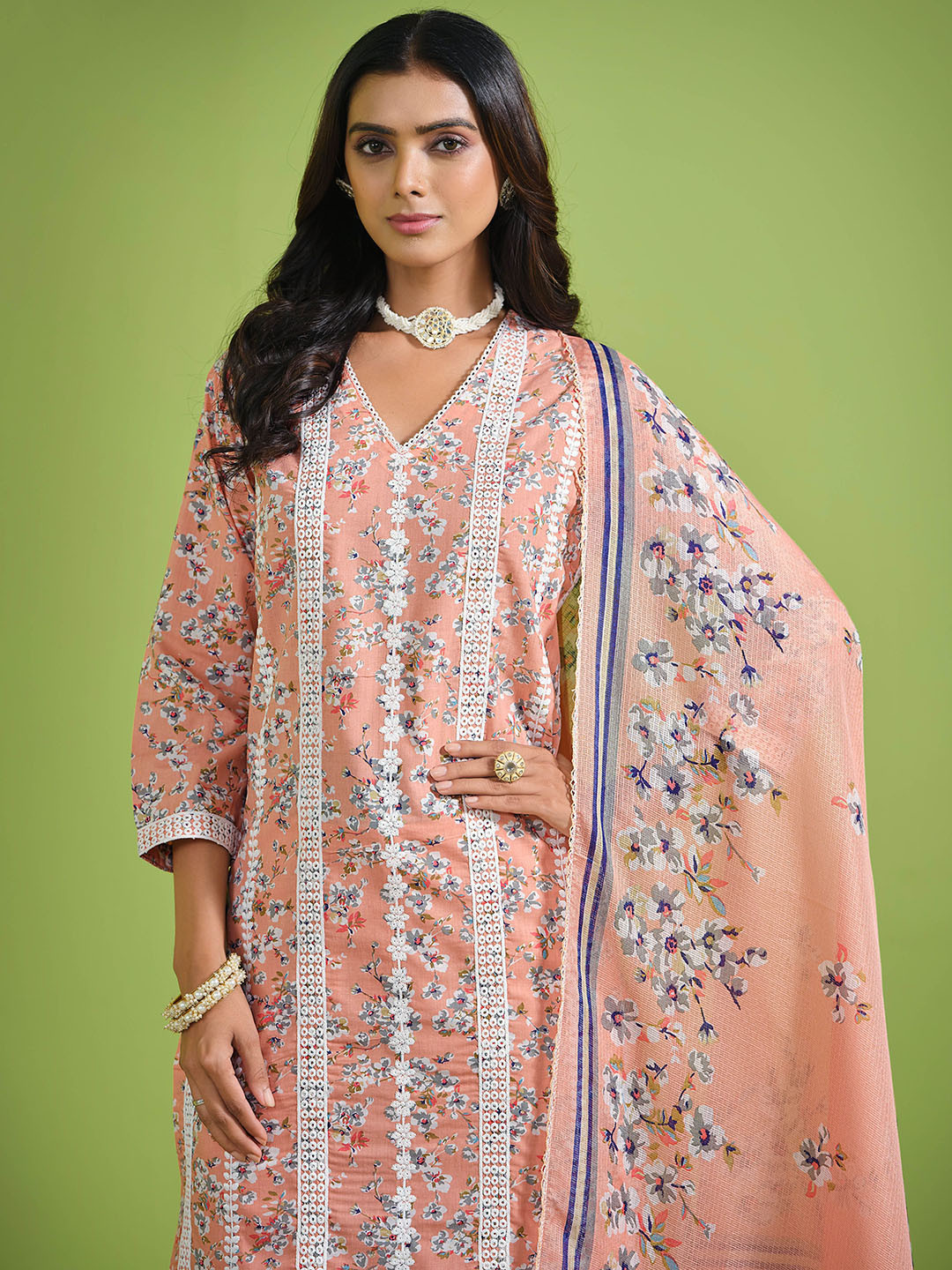 

Sangria Floral Printed Pure Cotton Straight Kurta & Trousers With Dupatta, Peach