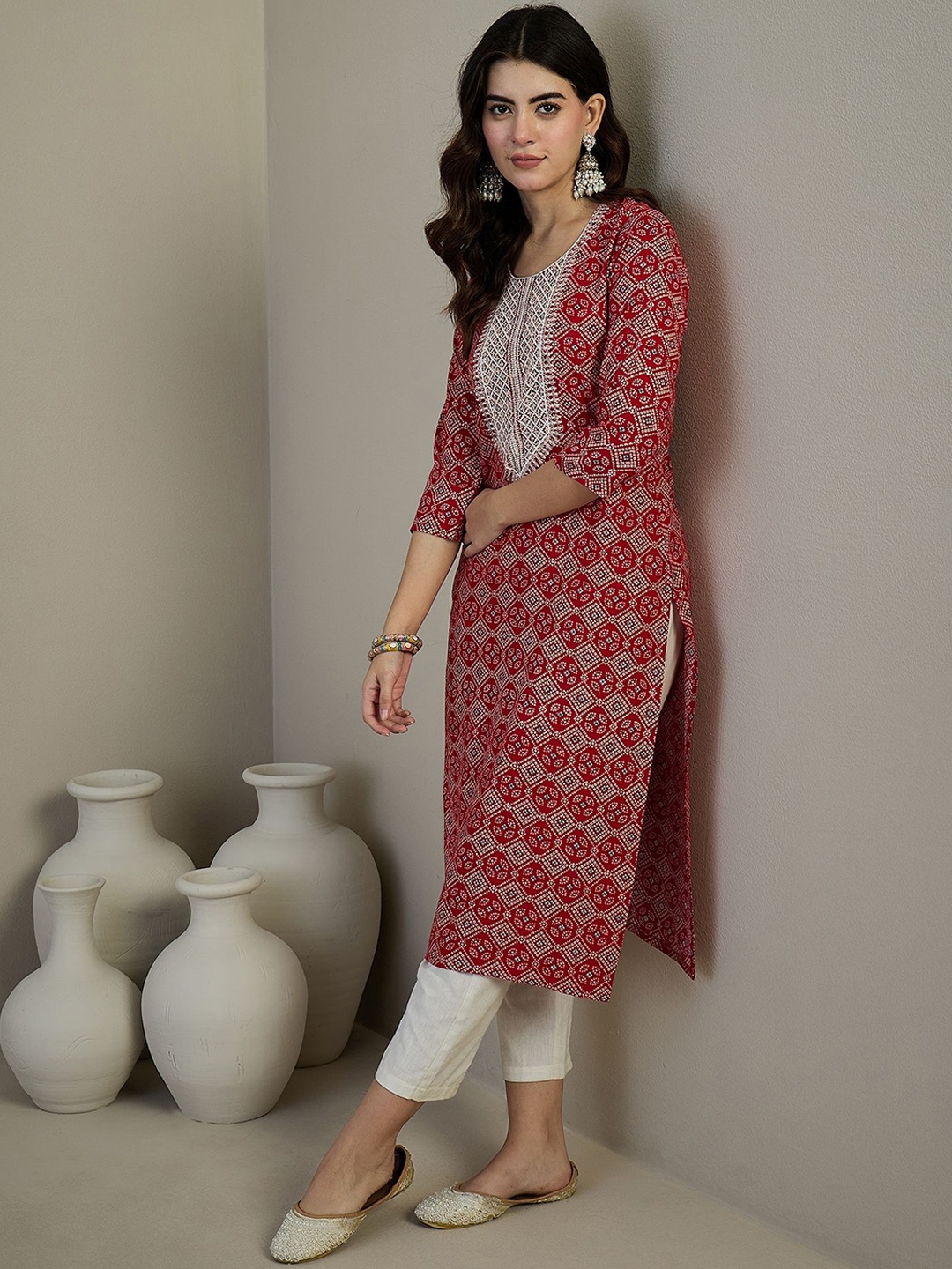 

Anouk Red Geometric Printed Thread Work Straight Kurta