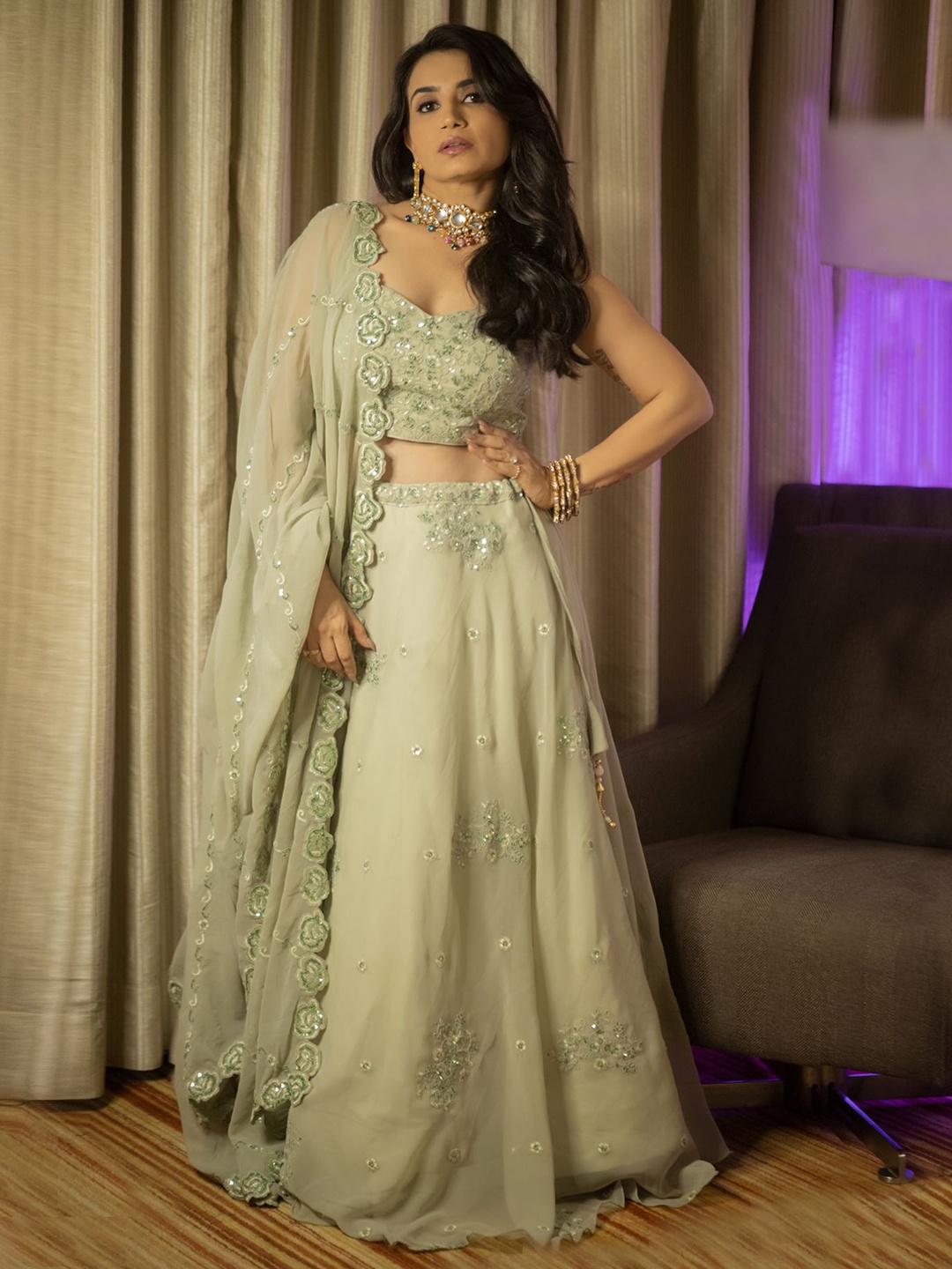 

FABPIXEL Embroidered Sequinned Semi-Stitched Lehenga & Unstitched Blouse With Dupatta, Sea green