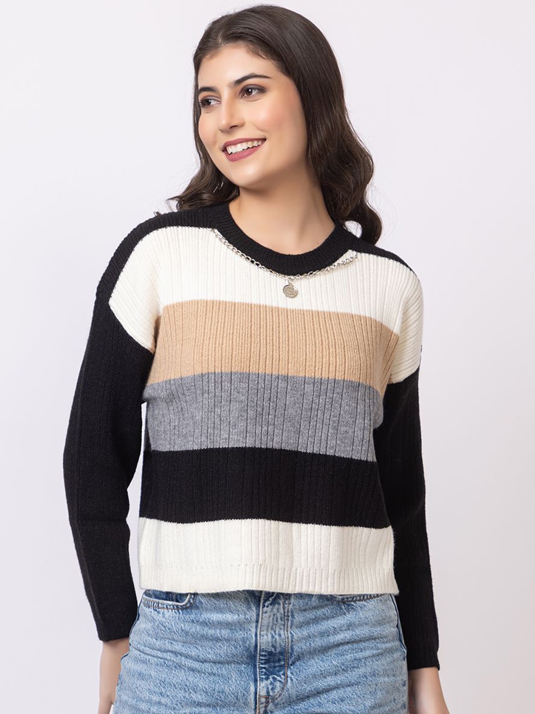 

GFO Women Colourblocked Woollen Pullover Sweater, Black