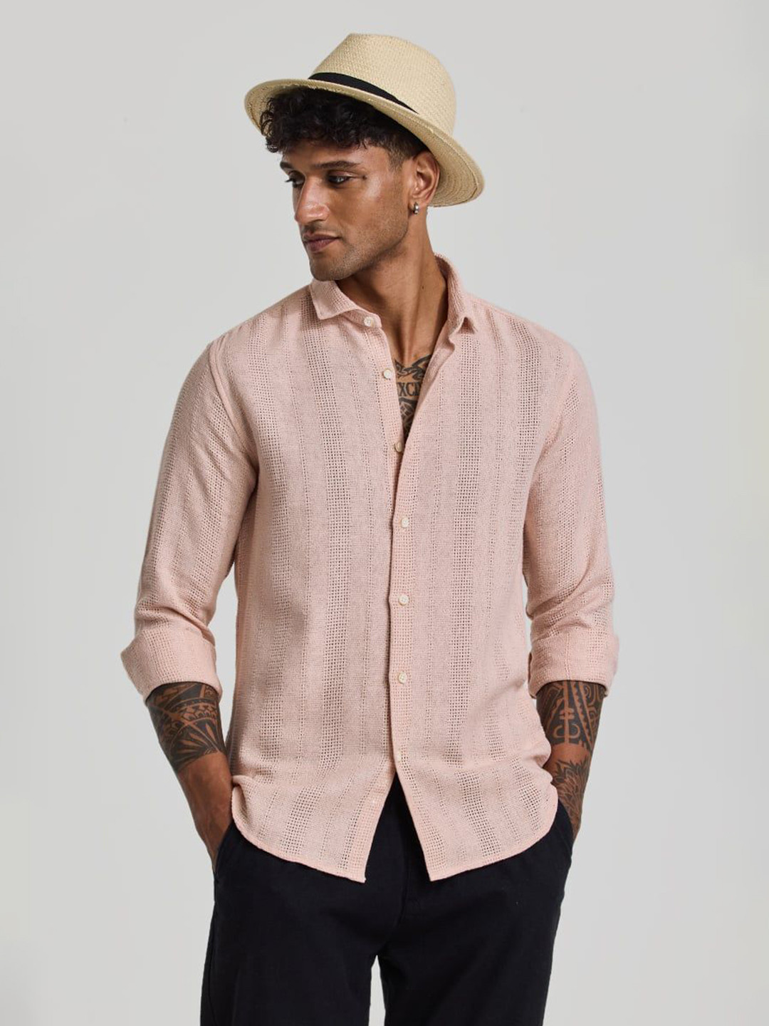 

Snitch Men Smart Cutaway Collar Solid Slim Fit Casual Shirt, Peach