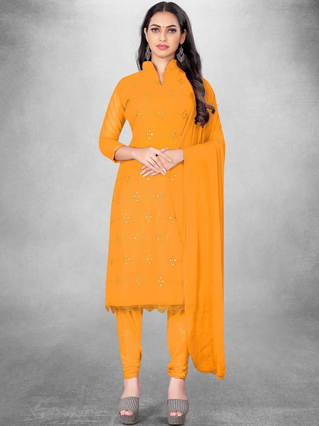 

Maroosh Floral Embroidered Mirror Work Unstitched Dress Material, Orange