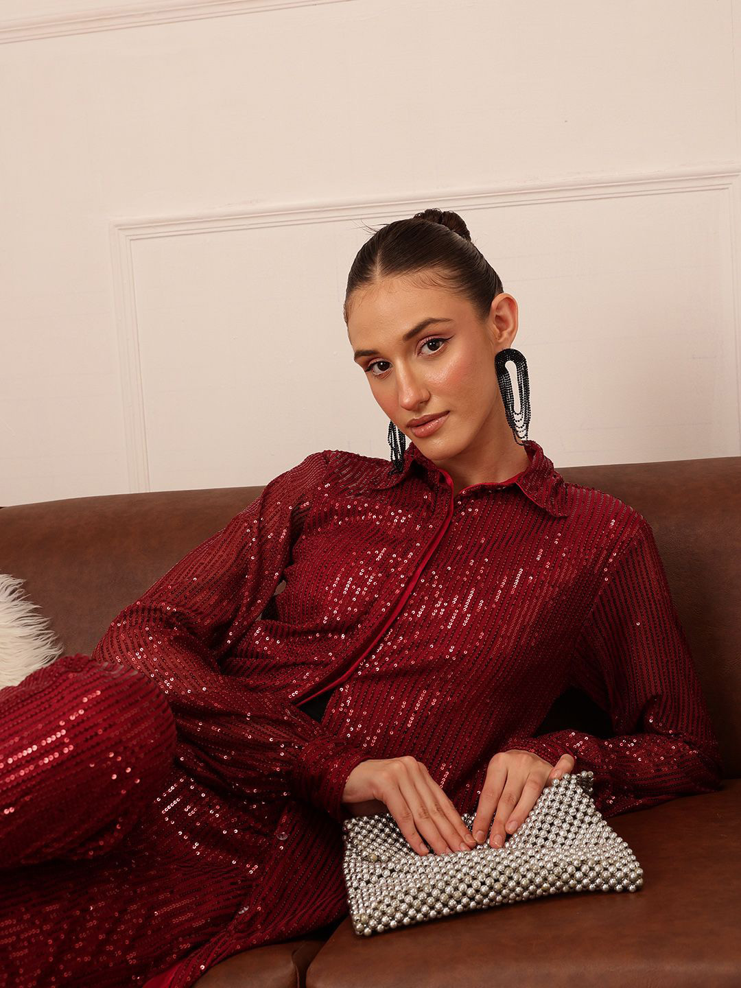 

Molly & Michel Women Slim Collar Solid Party Shirt, Maroon