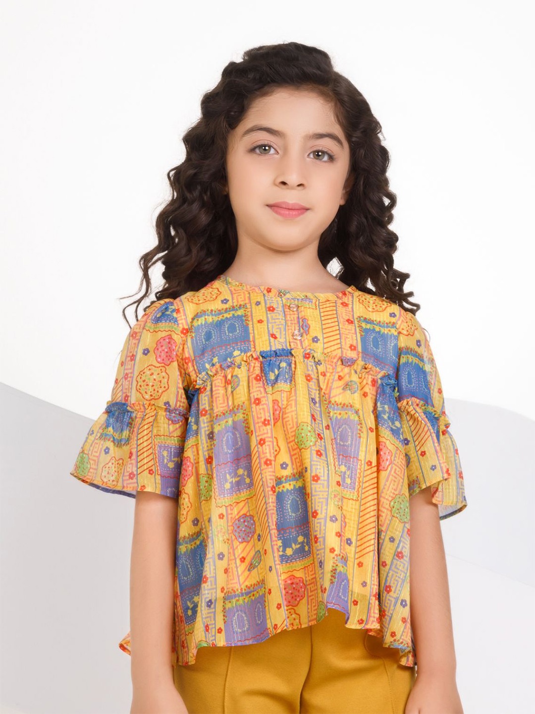 

Peppermint Girl Floral Print Flared Sleeve Chambray Top, Yellow