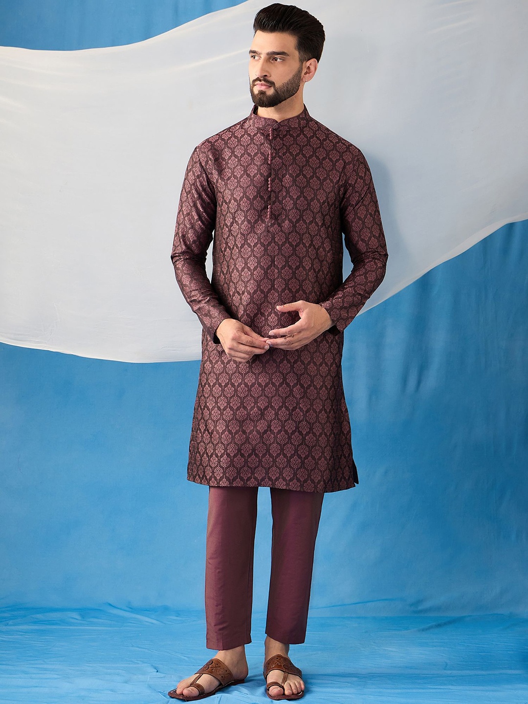 

Inddus Ethnic Motifs Woven Design Jacquard Weave Stright Kurta With Trousers, Mauve