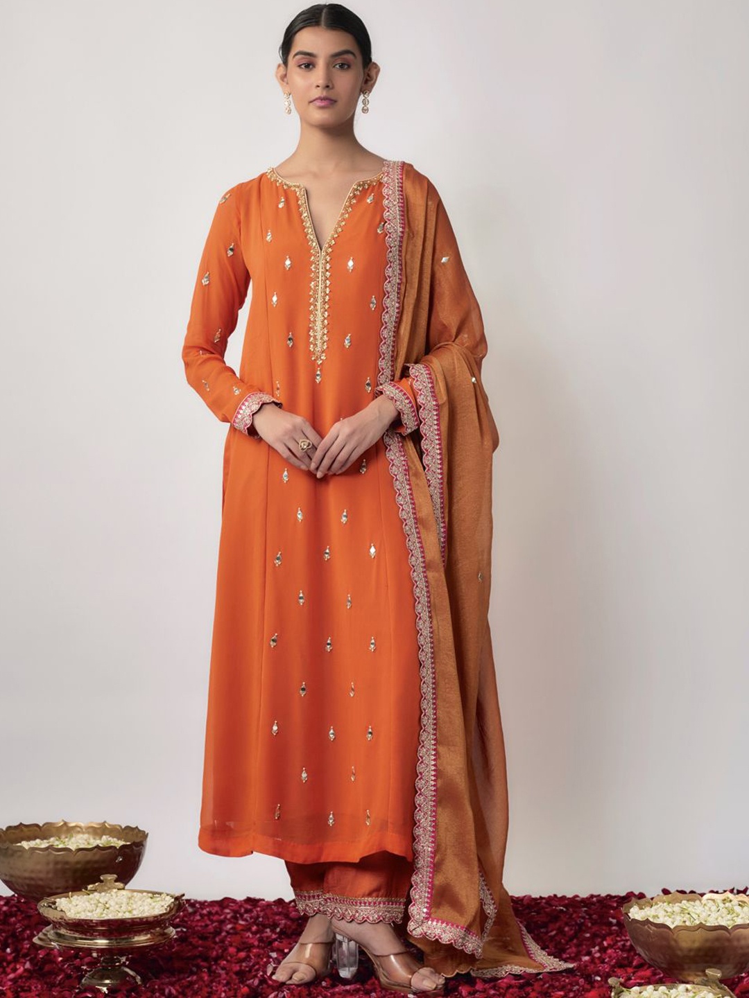

Renee Label Floral Embroidered Mirror Work Kurta with Trouser & Dupatta, Orange