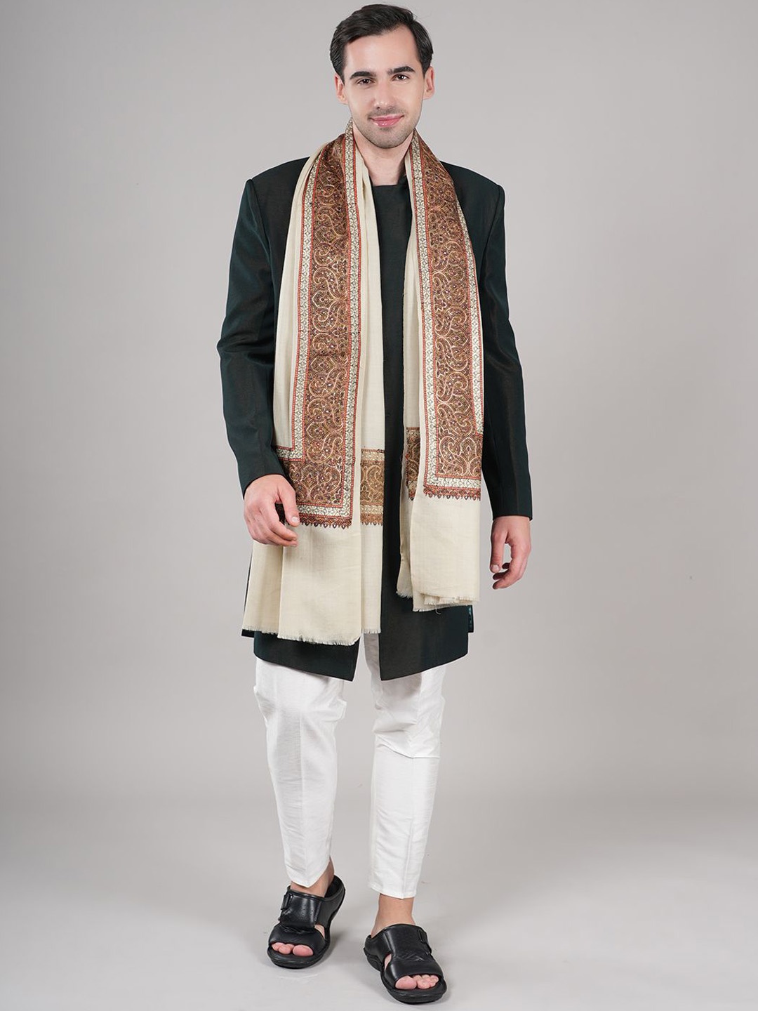 

MUFFLY Floral Printed Pashmina Woollen Shawl, Cream