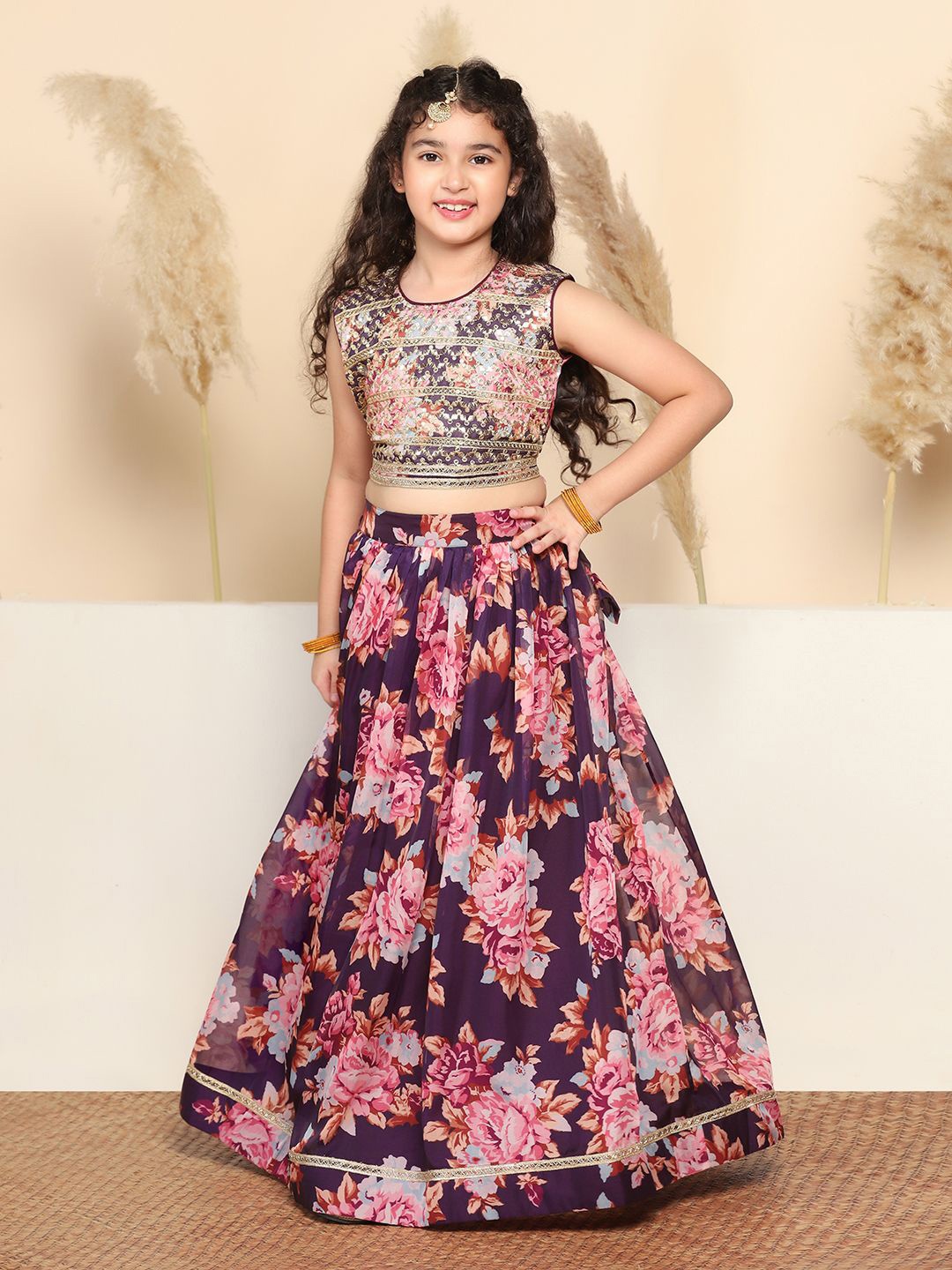 

FASHION DREAM Girls Floral Embroidered Ready to Wear Lehenga & Blouse, Violet