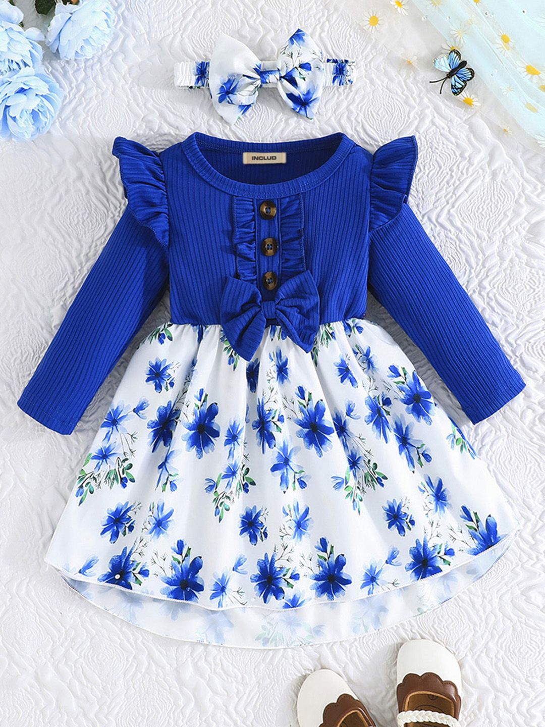 

INCLUD Girls Floral Printed Long Sleeve Knee Length Fit & Flare Dress With Bow, Blue