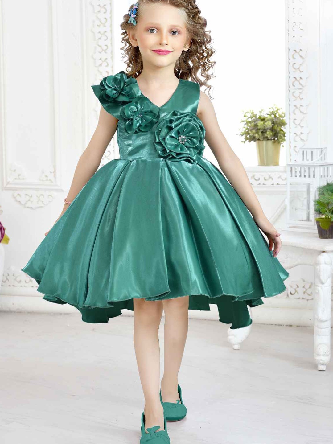 

Lagorii Girls Floral Embellished Satin Fit & Flare Dress, Green