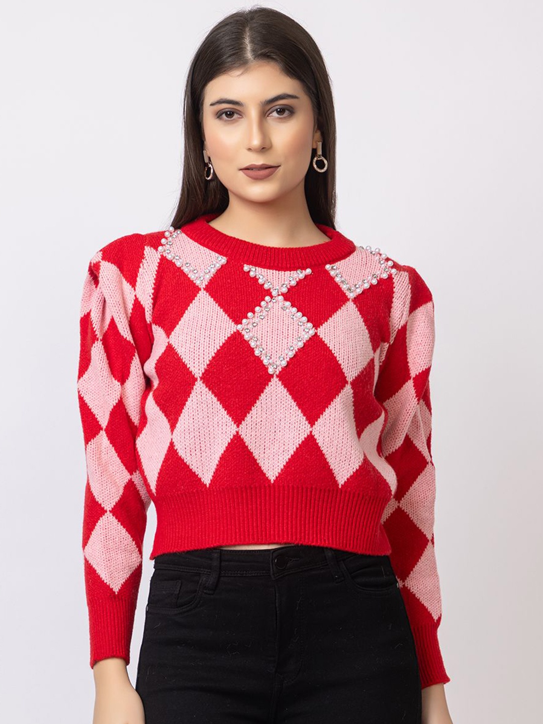

GFO Women Round Neck Woollen Pullover Sweaters, Red