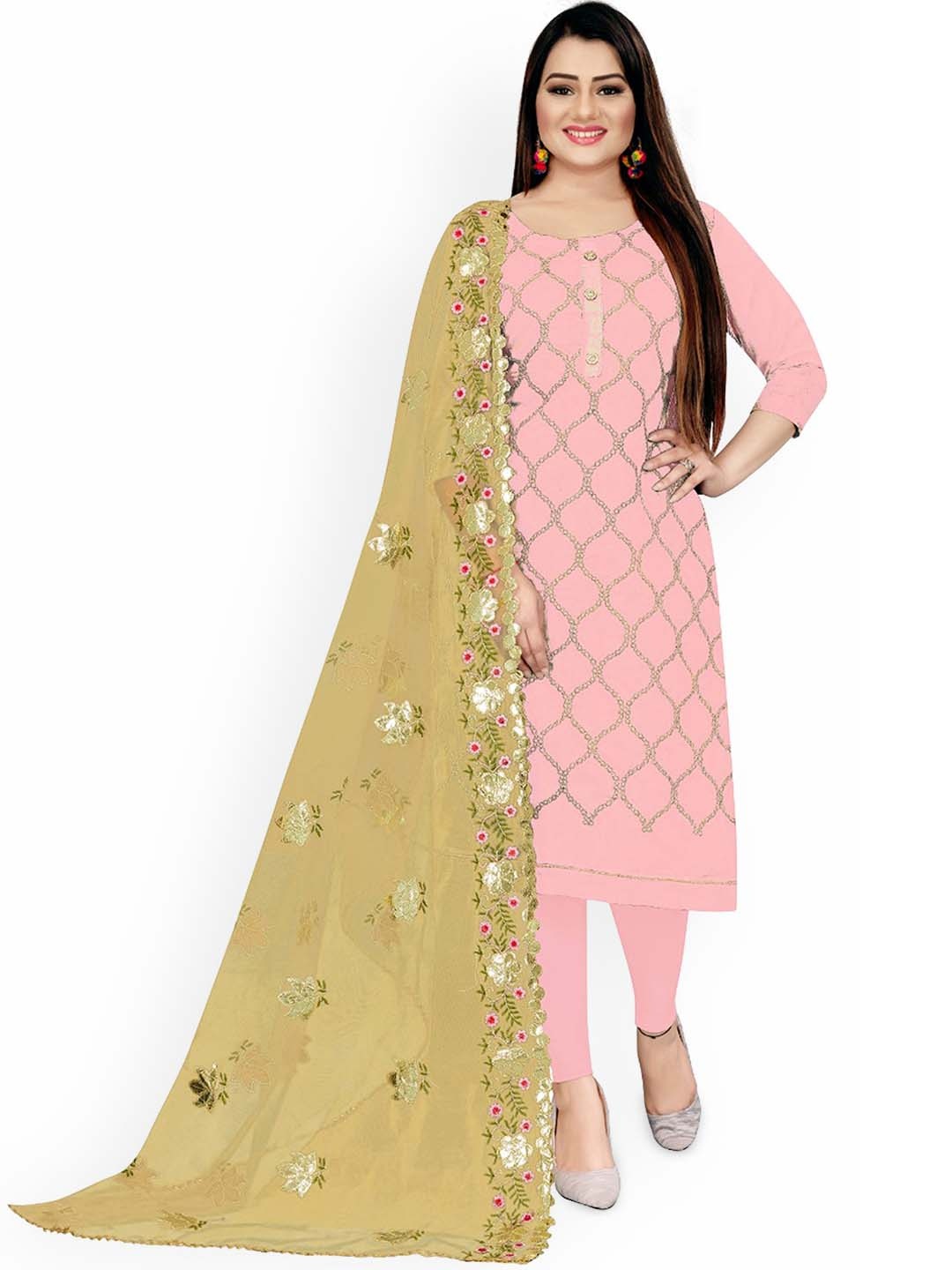 

Maroosh Geometric Embroidered Zari Unstitched Dress Material, Pink