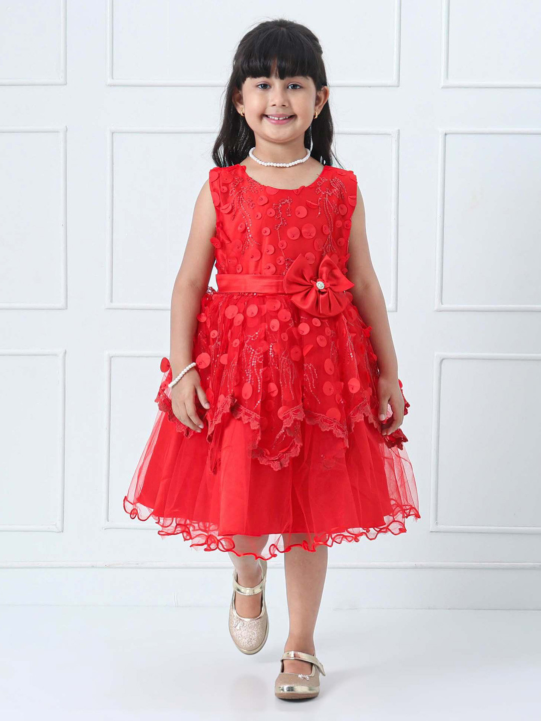 

Mark and Mia Girls Lace Detailing Knee Length Fit & Flare Dress With Tie-Ups, Red