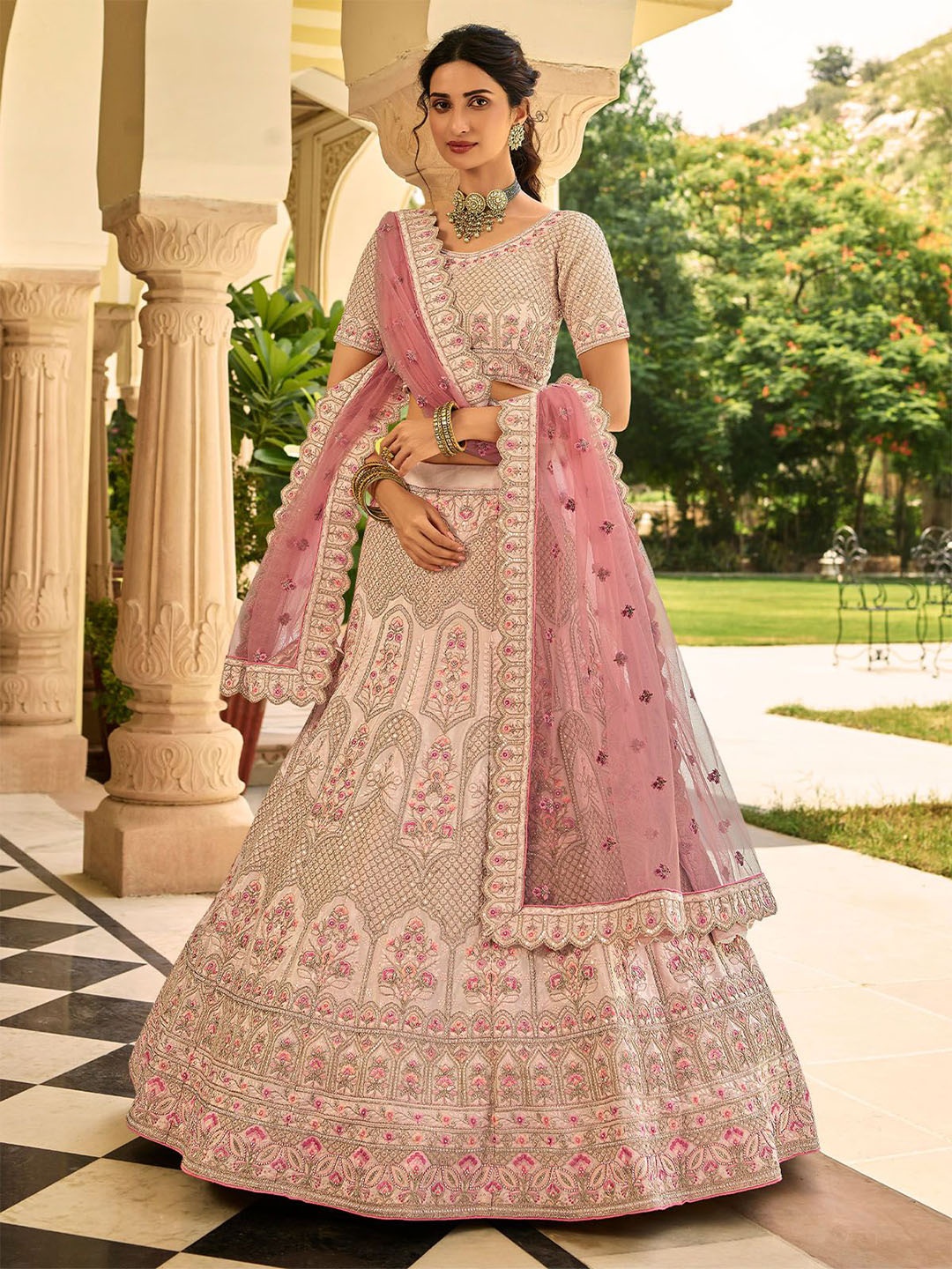 

ODETTE Embroidered Semi-Stitched Lehenga & Blouse With Dupatta, Off white