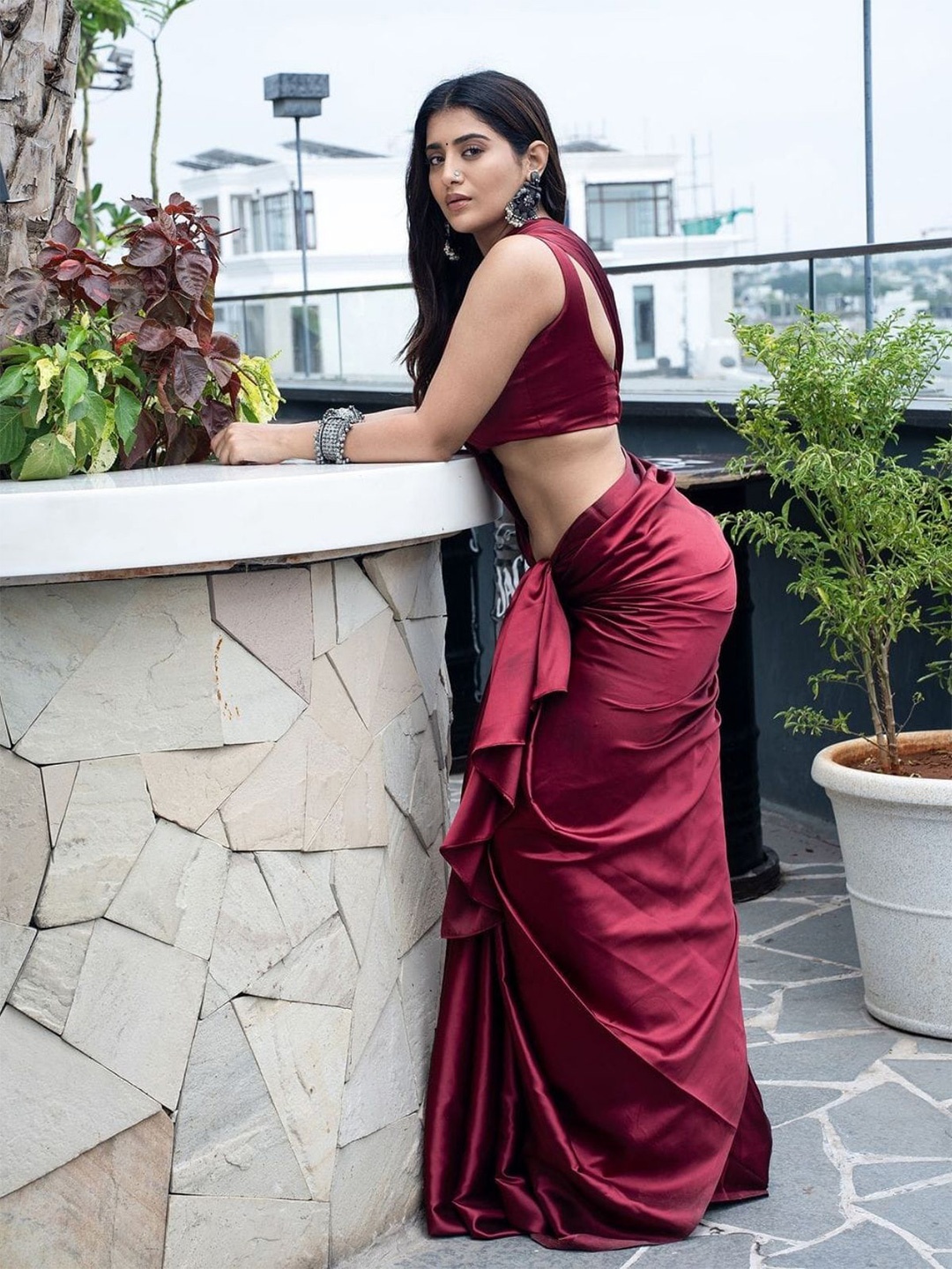 

ODETTE Solid Satin Saree With Blouse Piece, Maroon