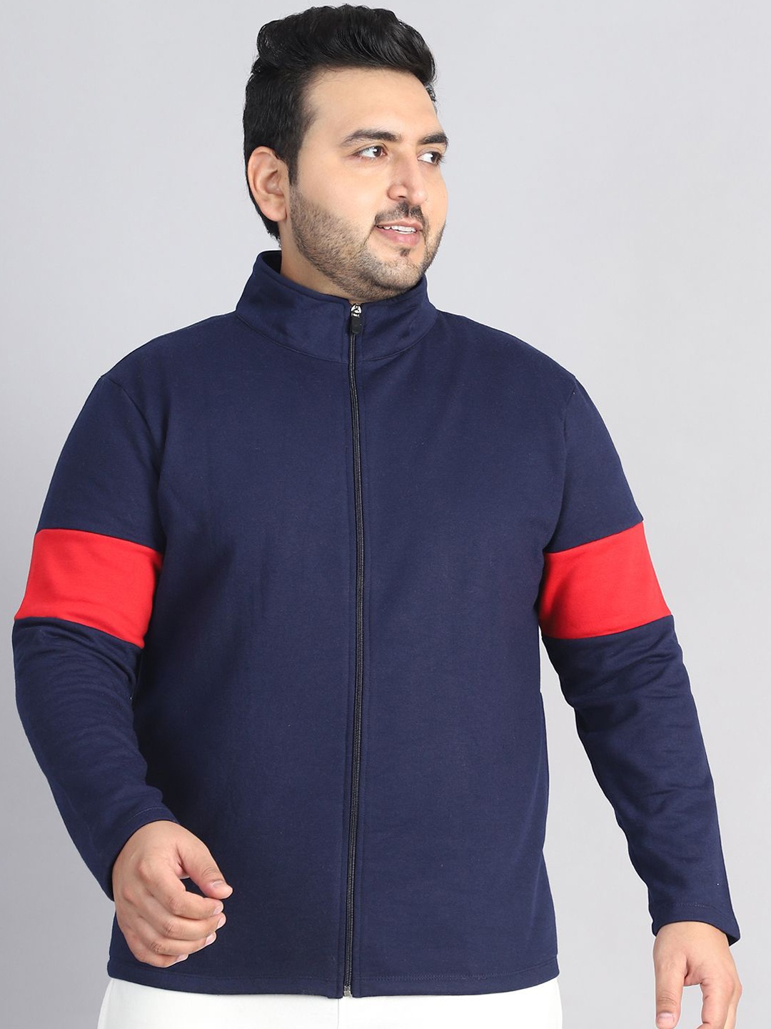 

Rute Men Mock Collar Plus Size Solid Cotton Casual Open Front Jacket, Navy blue