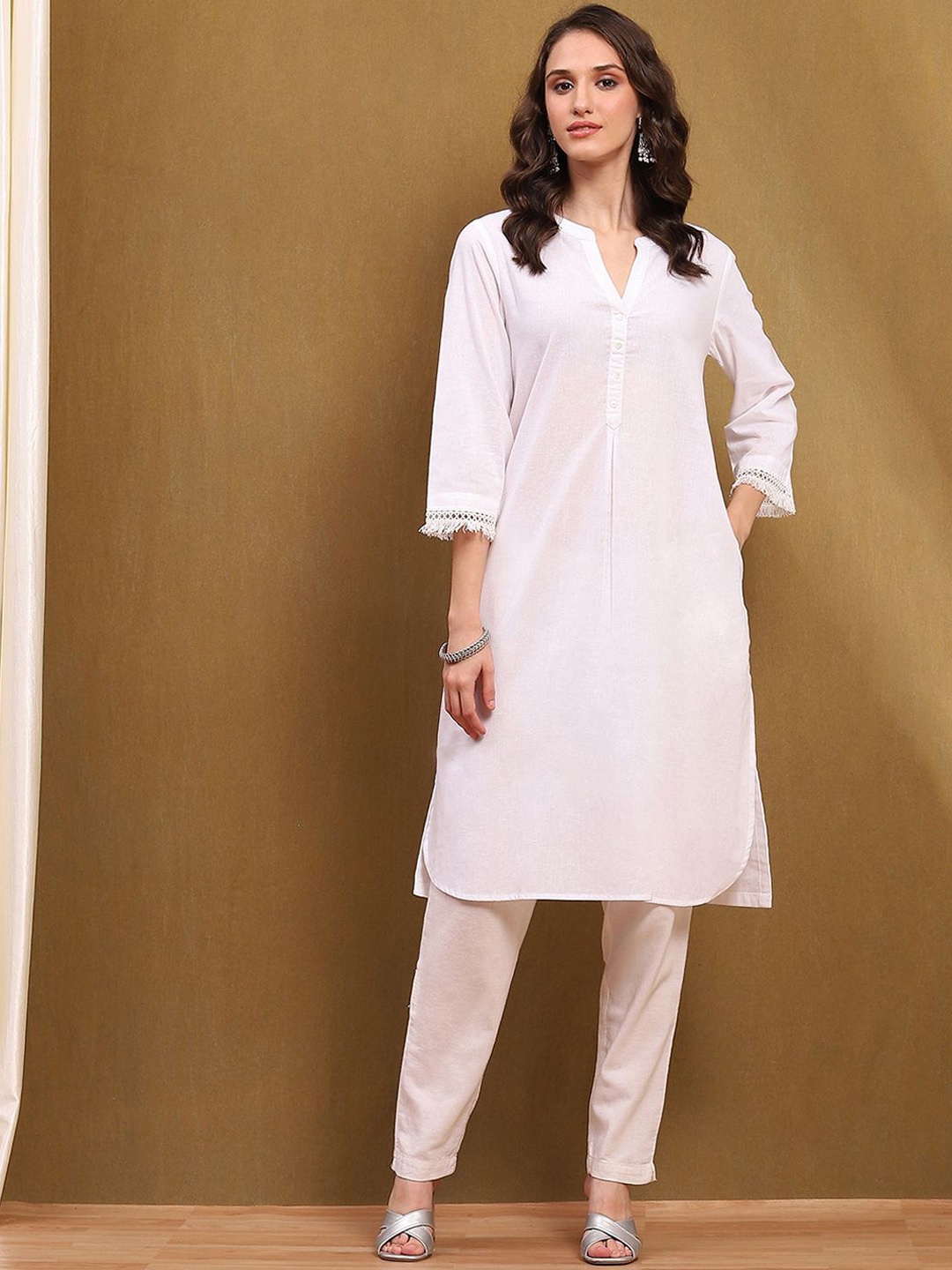 

Biba Mandarin Collar Straight Kurta, White