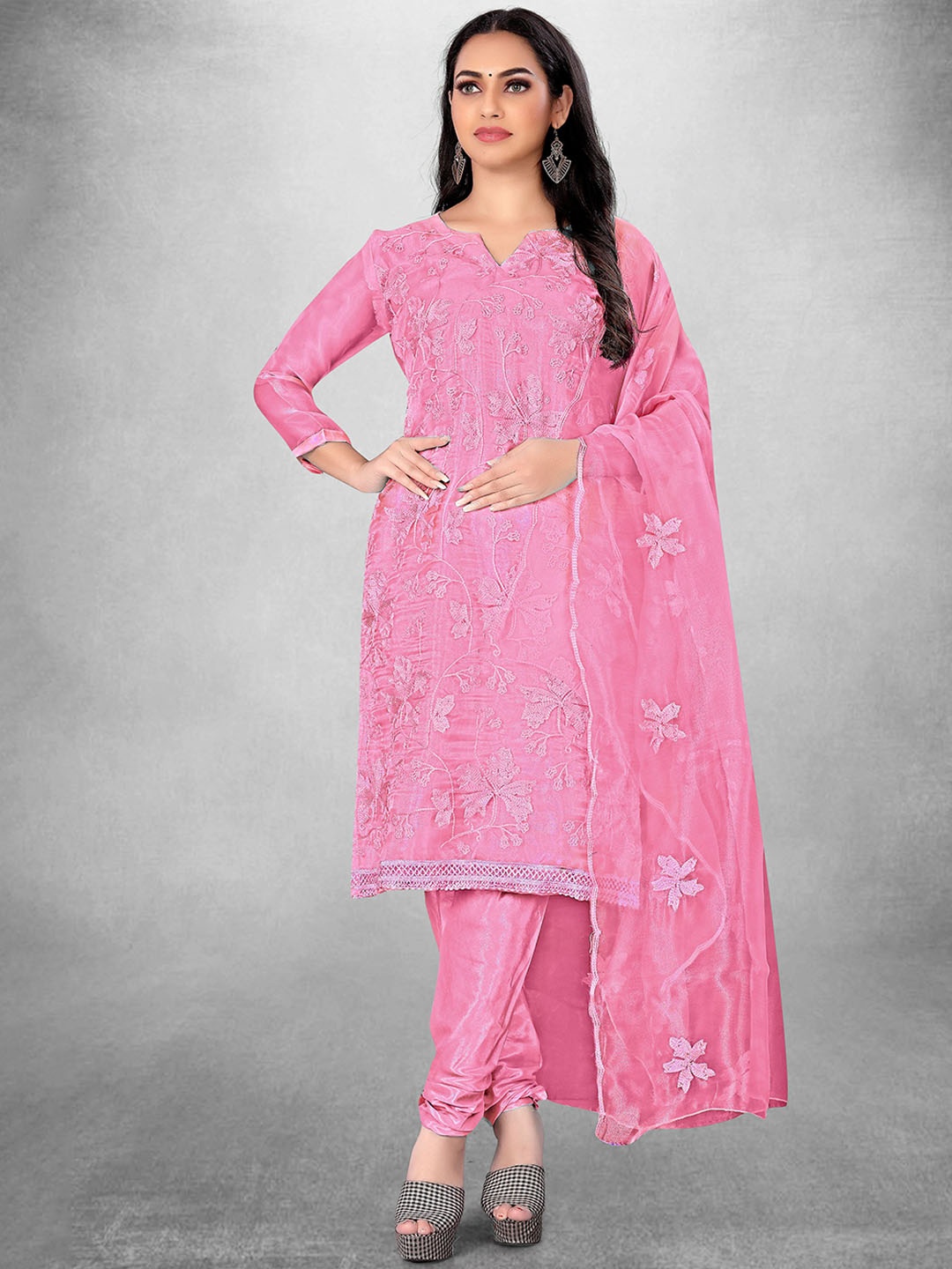 

Maroosh Floral Embroidered Organza Unstitched Dress Material, Pink