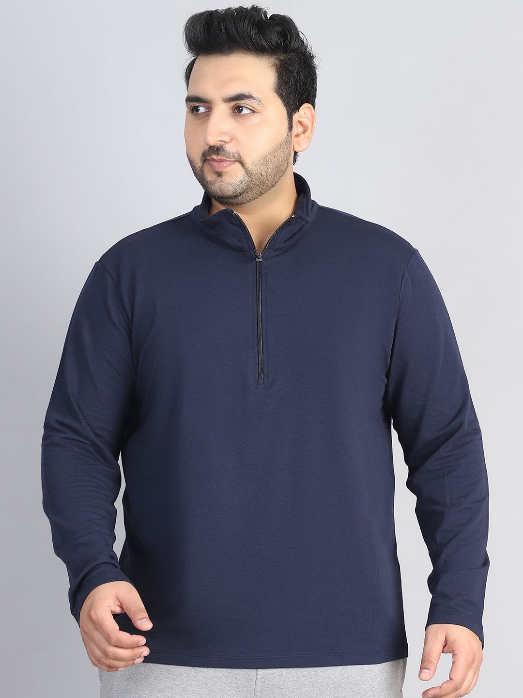 

Rute Men Pure Cotton Full Sleeves Mock Collar Neck Solid Half Zipper Sweatshirt, Navy blue