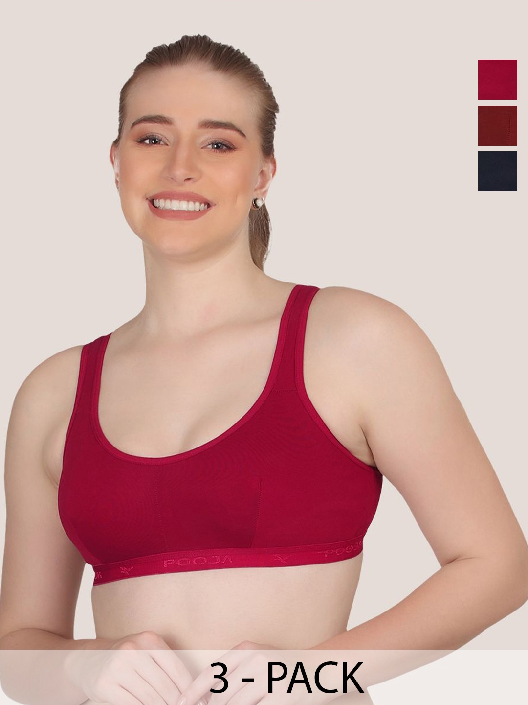 

POOJA RAGENEE Women Cotton Pack Of 3 Full Coverage Bra, Magenta