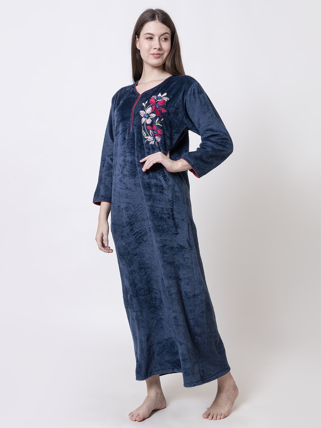 

AVYAY Women Embroidered Maxi Nightdress, Blue