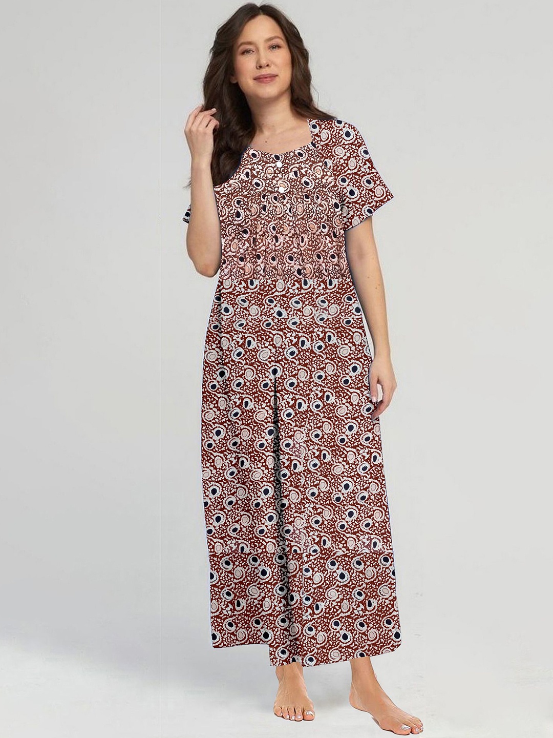 

CAMISON Women Pure Cotton Printed Maxi Nightdress, Brown