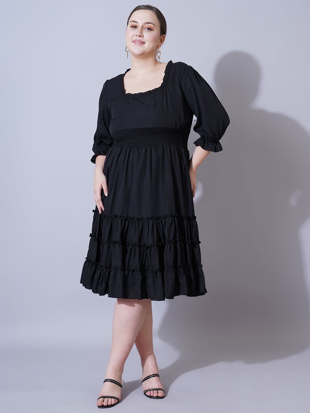 

U&F Beyond Women Square Neck Cuffed Sleeve Fit & Flare Knee Length Dress, Black