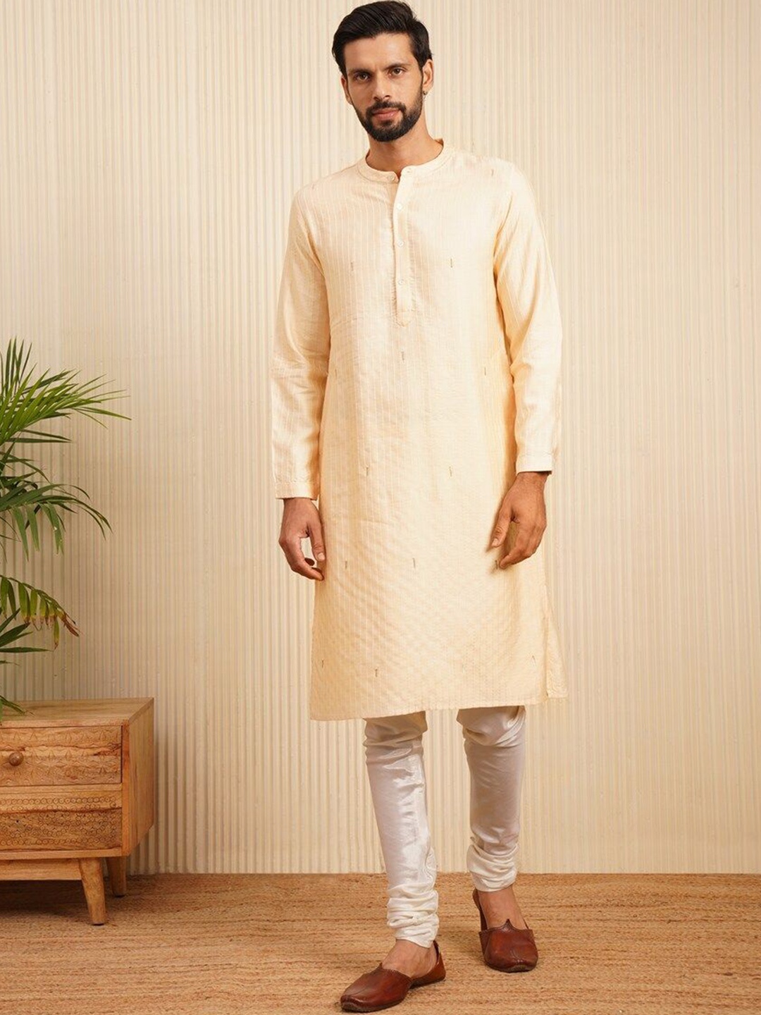 

JAYPORE Band Collar Striped Thread Work Straight Kurta, Off white